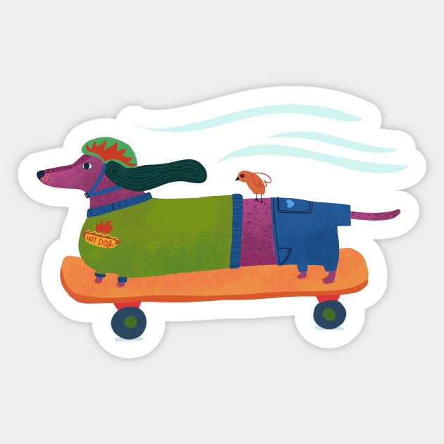 Hot Dog - Wiener Dachshund riding a skateboard with bird Sticker by Kathy Osborne Studio